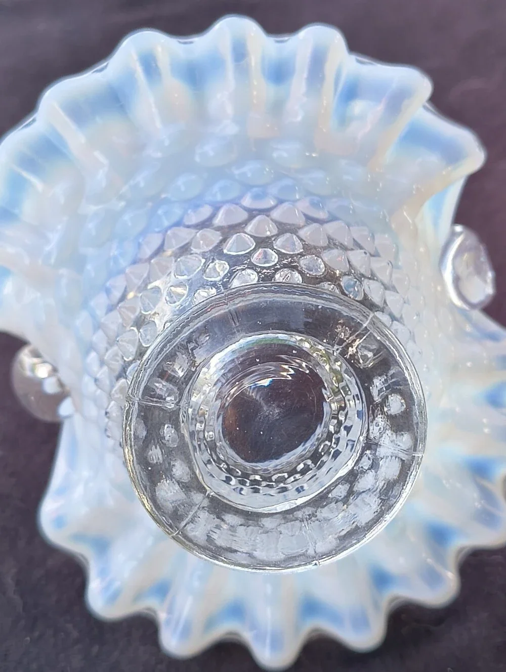 Antique Hand Blown Glass Basket Opalesent Hob Nail Blue And White, Excellent